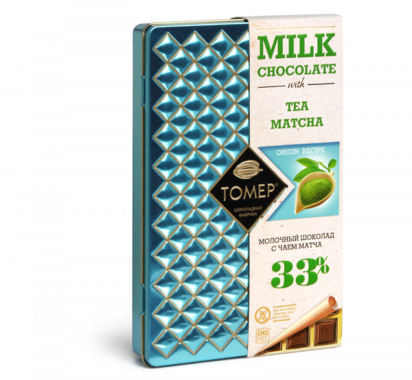 №1 Фабрика Томер металлический бокс Молочный шоколад с чаем МАТЧА ,33%  90г в Ярославле
