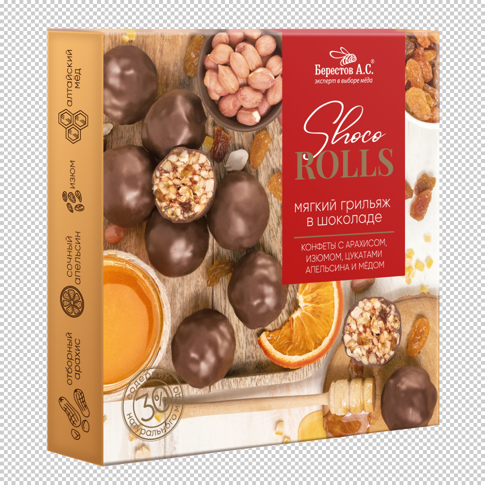  Берестов Shoco Rolls конфеты с арахисом, изюмом, цукатами апельсина и медом,  135г в Ярославле